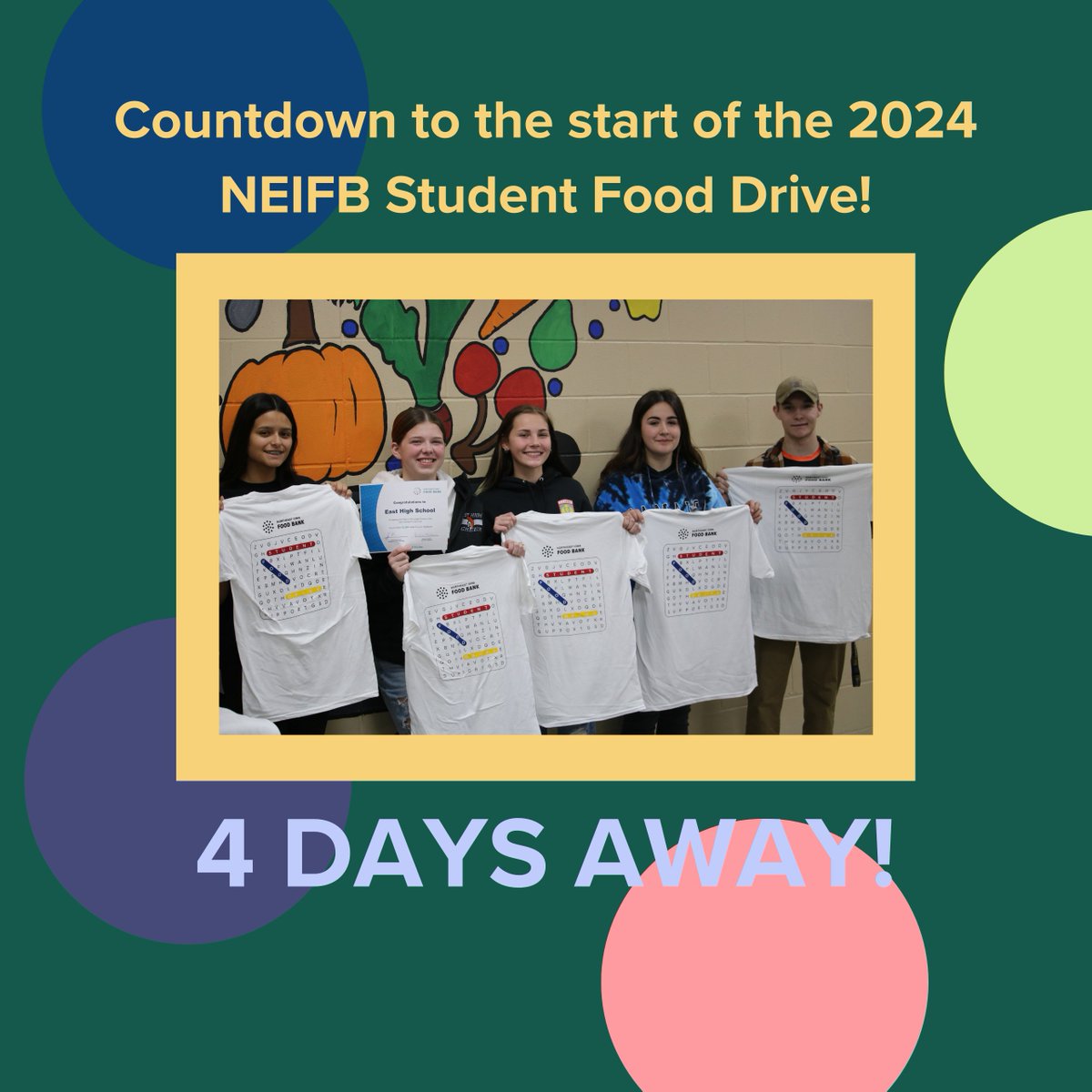 NEIFB's tweet photo. COUNTDOWN!: We’re just 4 days away from #NEIFB's 2024 #StudentFoodDrive! From October 7 to November 8, high schools will be collecting food, money, and volunteer hours in a friendly competition to support our #community. https://t.co/xXx9WhYChJ