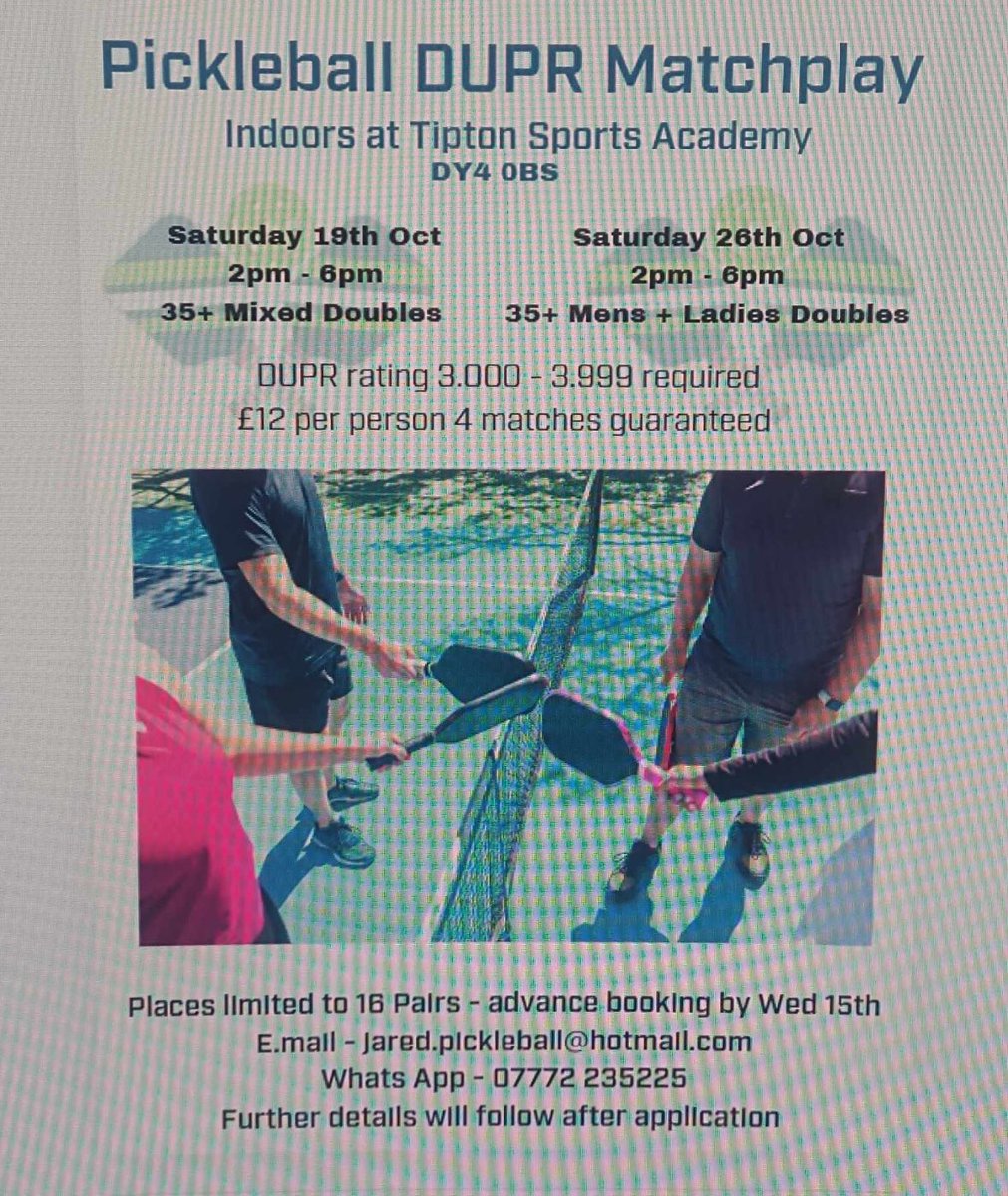 Pickleball DUPR match play mixed doubles Sat 19th October and gender doubles Sat 26th October, indoors at Tipton Sports Academy.

Enter now!

#pickleball #tipton #dudley #blackcountry #westmidlands