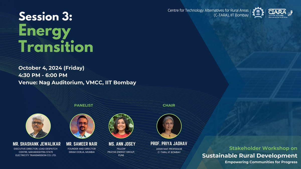 ⚡Join us for an engaging session on Energy Transition at the Stakeholder Workshop on Sustainable Rural Development by C-TARA, IIT Bombay!

🗓️ Oct 4, 2024
🕟 4:30 PM - 6:00 PM
📍 Nag Auditorium, IIT Bombay

#EnergyTransition #RuralDevelopment #Sustainability