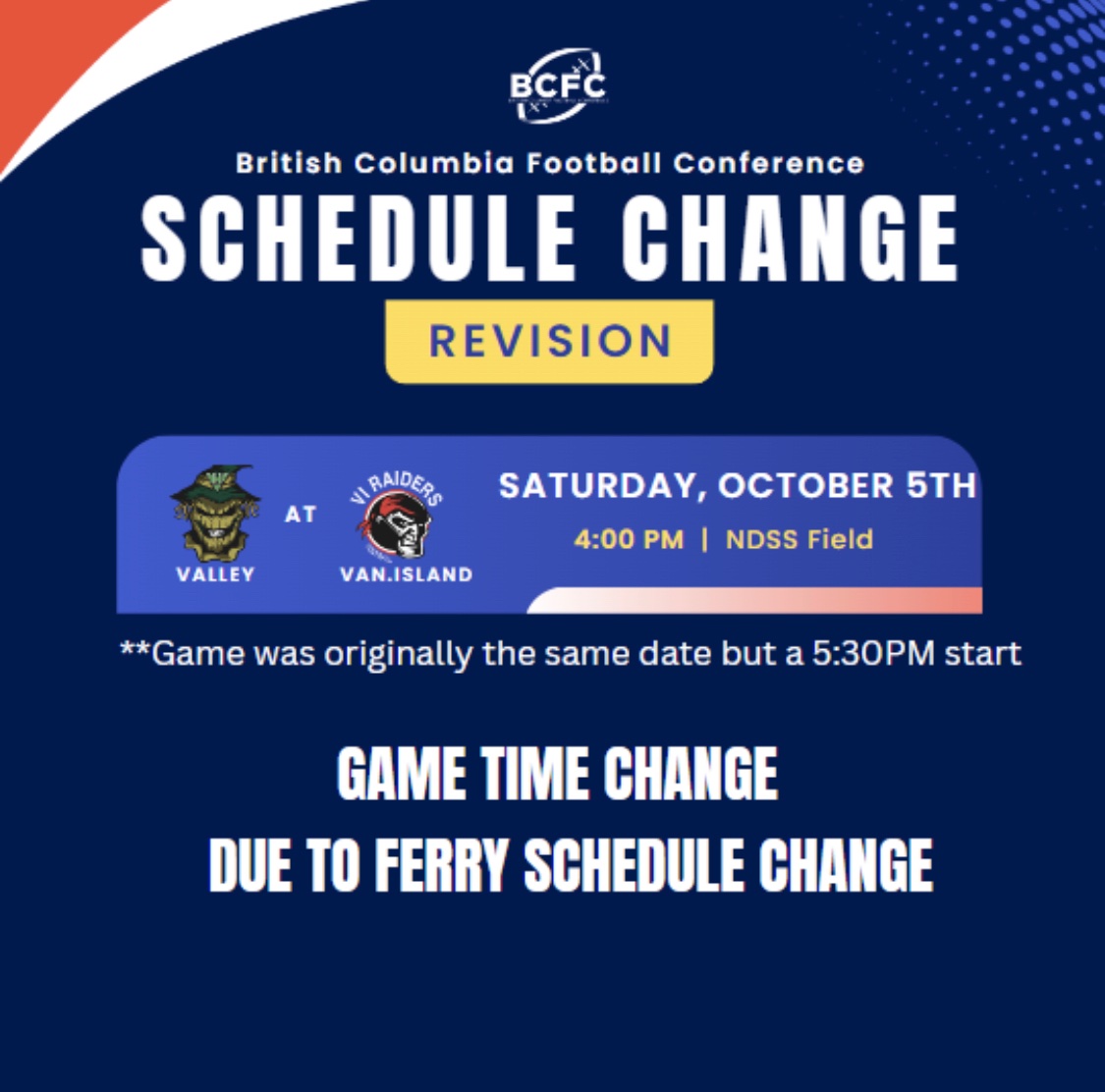 ALERT - please note the start time has been changed for the game Saturday between the <a href="/GoValleyHuskers/">Valley Huskers</a> and the <a href="/ViRaiders/">VI Raiders Football</a>