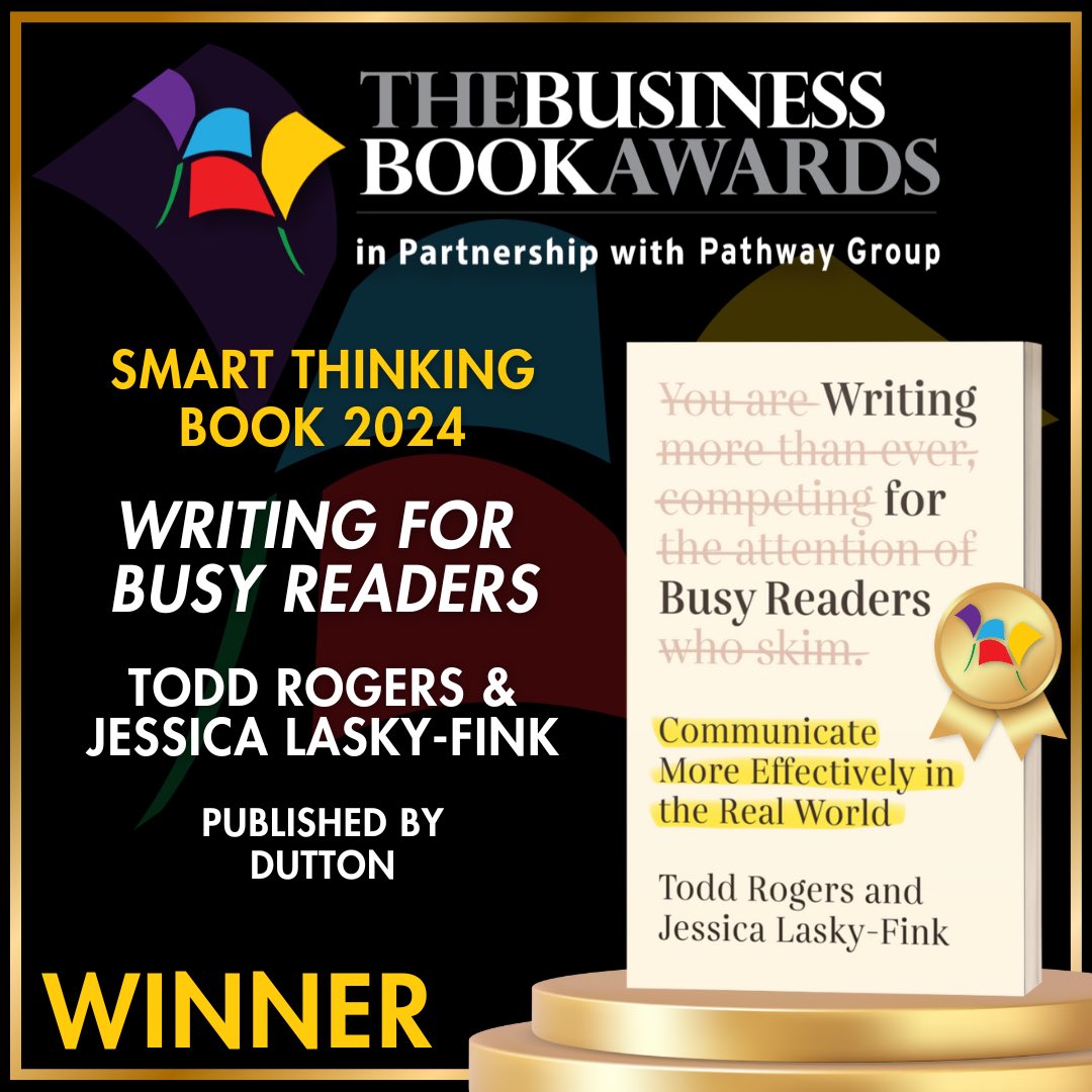 Writing for busy people (@writingforbusy) on Twitter photo Grateful our book won Smart Thinking Book 2024 at the Business Book Awards! Thanks for all the support! Grateful our book won Smart Thinking Book 2024 at the Business Book Awards! Thanks for all the support!