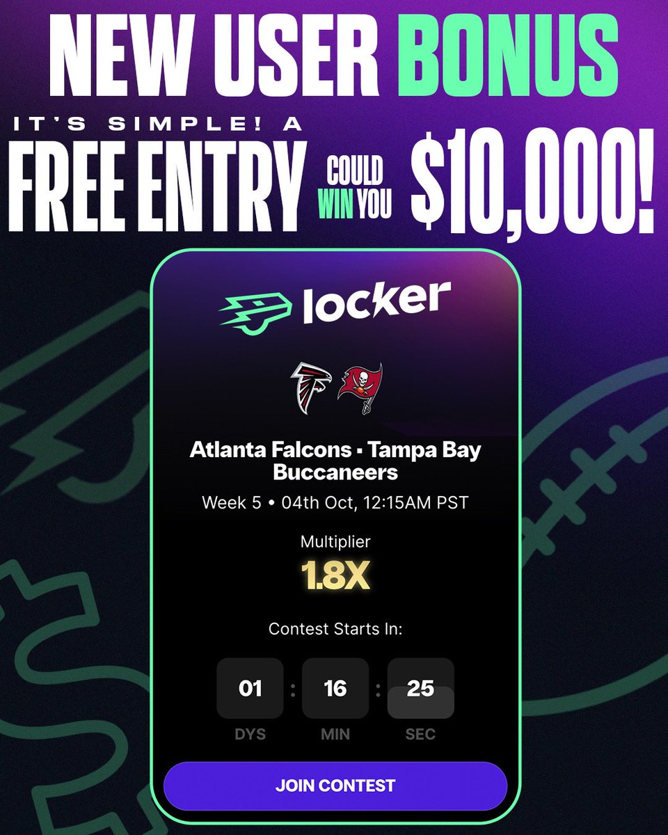 SGGpromotions's tweet photo. ‼️PROMO OF THE WEEK 

Get up to $100 ON YOUR FIRST DEPOSIT @PlayLockerLive when you make an account using code “WIN” on sign up! 

Also, you can win up to $10,000 FOR FREE! 💰

Join Locker Now 👉 https://t.co/zdnWD1iOIw

#LockerLive https://t.co/DjPA57564u