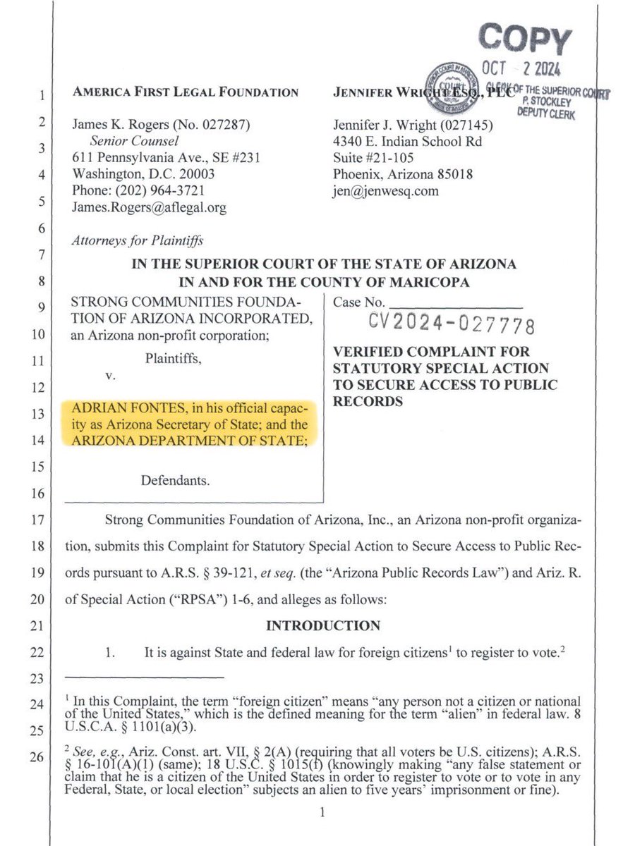 America1stLegal's tweet image. /1‼️🗳️NEW LAWSUIT: ARIZONA ILLEGALLY COVERING UP VOTER SCANDAL

Arizona is illegally withholding the list of 218,000+ registered voters who have not provided proof of citizenship as required by law. 

We just sued the AZ Secretary of State to obtain it: