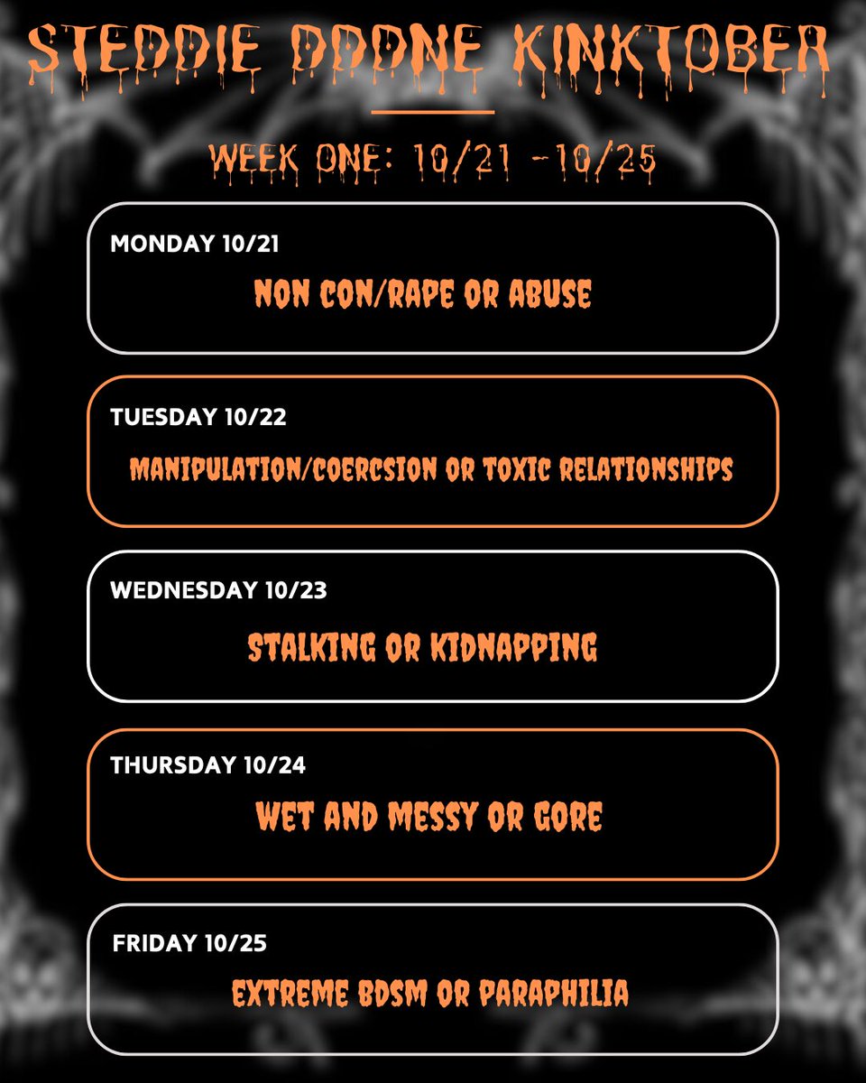 starscaveat's tweet photo. — steddie dddne kinktober🕊️🎃🖤🔪

i’ve made two weeks of dd prompts for steddie 🕊️ people to use!

i’ve split it up into two weeks, but feel free to pick and choose the prompts listed 

open to writers &amp; artists 🖤

↳ #steddiedddne24 https://t.co/w87PVGglOg