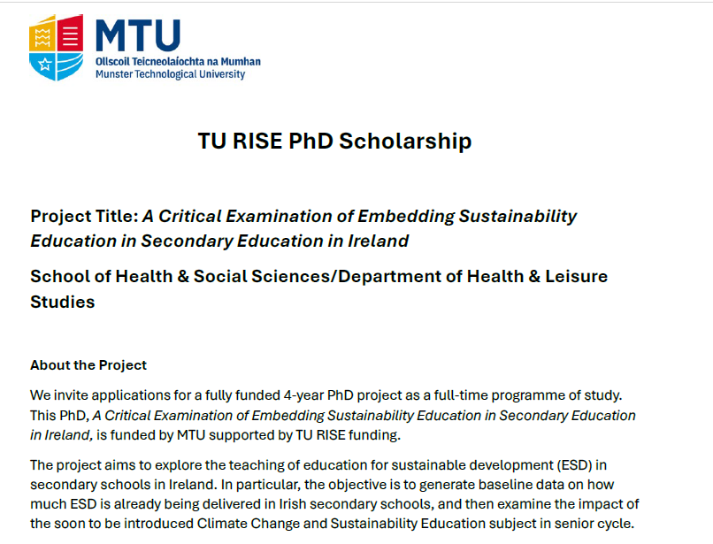 aylward_tomas's tweet photo. Fully Funded PhD (stipend and fees) focused on  Embedding Sustainability Education in Secondary Education in Ireland. Based @MTU_ie Kerry Campus. Closing date for applications 31/10/2024. Must commence by 01/01/2025. #euinmyregion #SDGs  Full details: https://t.co/bcsczyU2m8 https://t.co/amOPclbMzc