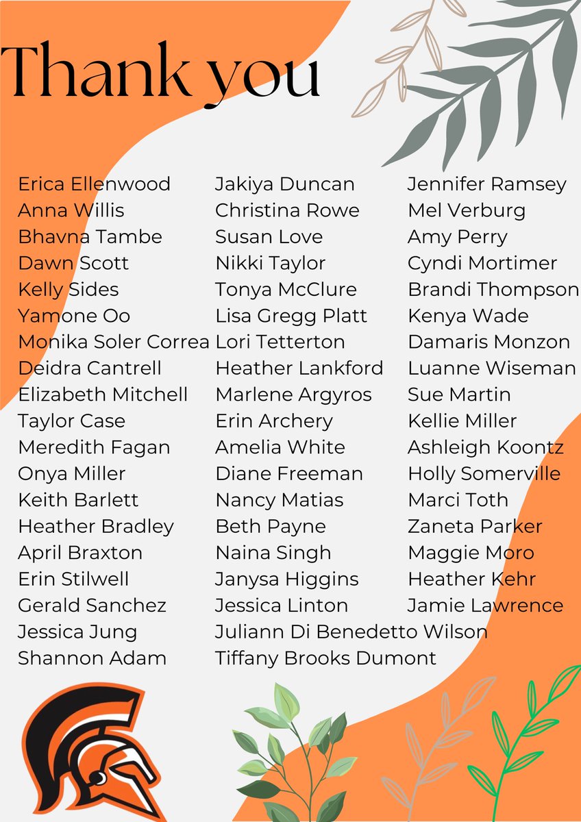 Hello Trojan Nation,

Our Student Government Association would like to recognize the following people for their assistance with the Homecoming Dance. We are excited for this event and appreciative of your unwavering support! 🧡🖤🧡