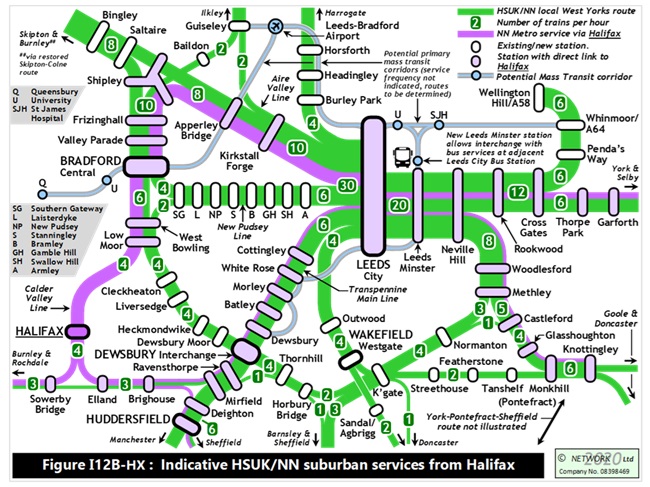 HighSpeedUK's tweet photo. We’ve already posted our diagram for Halifax, but – in a spirit of continuing QA – we’ve noticed that we’ve not fully illustrated direct links from Halifax to the east of Leeds. All this extra connectivity stems from the #HSUK Network North scheme to transform links across Leeds https://t.co/jChOOWUVkS
