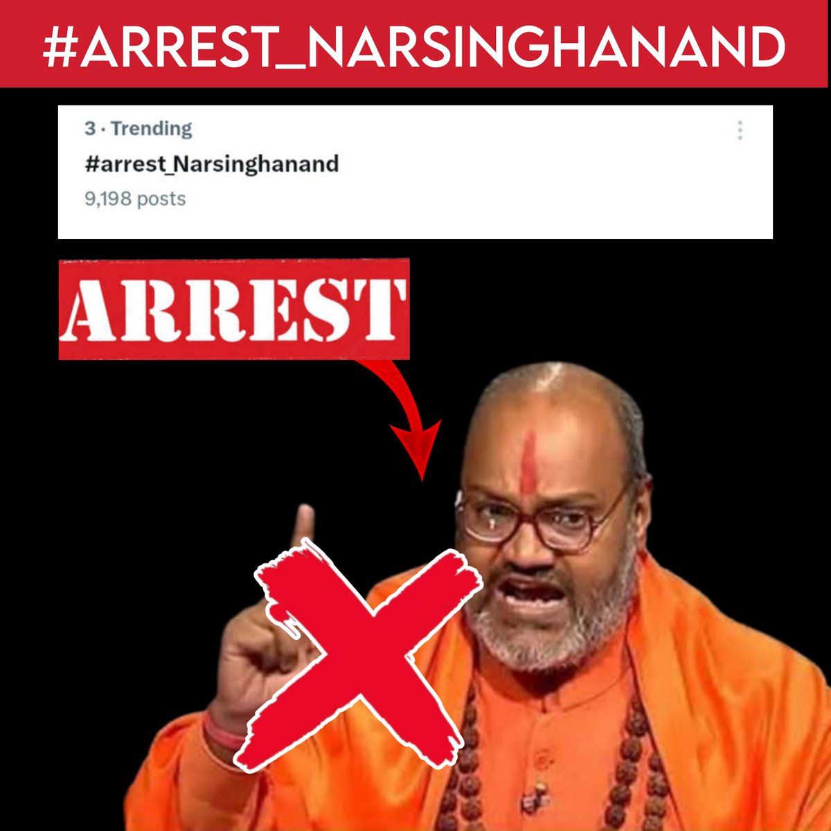 मेरे साथ #arrest_Narsinghanand। लिखें और रिपोस्ट करके समर्थन करें।

नरसिंहानंद नामक ये व्यक्ति लगातार अपने भड़काऊ भाषणों से हिन्दू मुस्लिम दोनों समुदायों के बीच नफरत फैलाने का काम कर रहा है।

समाज में शांति सौहार्द के लिए इसका सलाखों कें पीछे होना जरूरी है।