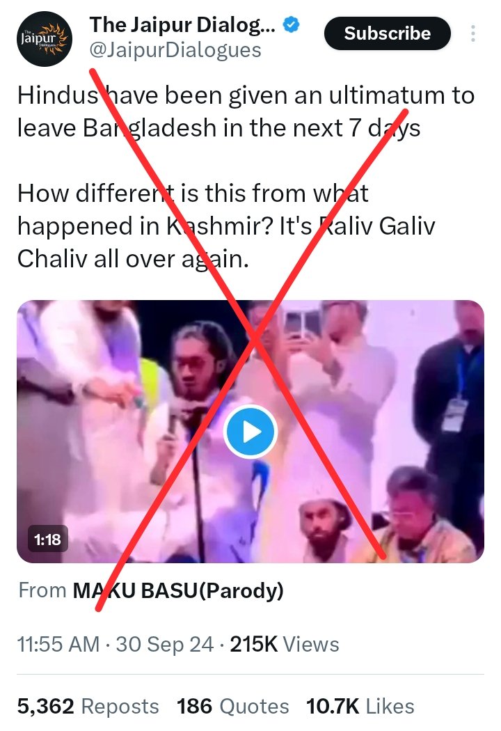 Sohan_RSB's tweet photo. Many RW Indians handles, and Indian media shared a video claiming that "Hindus are being given an ultimatum to leave the country within 7 days in Bangladesh," which is FALSE.

The statement was not against Hindus; it was against the previous regime/government and its associates who attacked on protesters.

The man speaking in the video is Saifuddin Mohammad Emdad, aka Emdad Babu, who actively participated in the anti-discrimination movement in July and lost vision in one of his eyes due to a police bullet.

He delivered this speech at a program titled "July Remembrance and Cultural Evening," organized by a social organization named 'Bikiron' in Chittagong.

Emdad made his statements about the one-week ultimatum while addressing those who attacked students during the movement.

If you listen to his entire speech, it's clear that he was targeting the previous Awami League government and its associates, not Hindus. (Listen his full speech here : https://t.co/1OycWfMHdc)

For example, at one point in his speech, he says, "Until now, the henchmen of the autocracy have been roaming the streets of Chittagong. I want to know why they are still walking free. How do they have so much courage? They, armed, have shot at the student community of Chittagong at Bahaddarhat and New Market. Why are they still openly walking around?"

This clearly indicates that his speech was against those associated with the Awami League who attacked rotestors.

Why did he mention the word 'Hindu'? Bangladeshi can easily understand the context of this clipped part. Initially, after the interim government took office, there was a protest by Anser, a paramilitary auxiliary force, in front of the interim government head office. Instead of helping the government restore law and order during the massive floods in Bangladesh, they came to protest. As a result, people termed them 'Anser League,' saying that Awami League came in the form of Anser. Then, the very next day, there was a protest by rickshaw pullers, and they were also termed the same because they were creating tension. It became a phenomenon—whoever protested was termed the same. Because, they hadn't protested in the last 15 years, but during that time of law collapse, they came to protest.

There was also a 'Hindu protest,' and in reference to this phenomenon, Emdad mentioned that the Awami League came in the form of 'Hindus' which may created communal tensions . If you notice, he also talked about journalists and others who appeared in the form of AL; it is a figurative term.