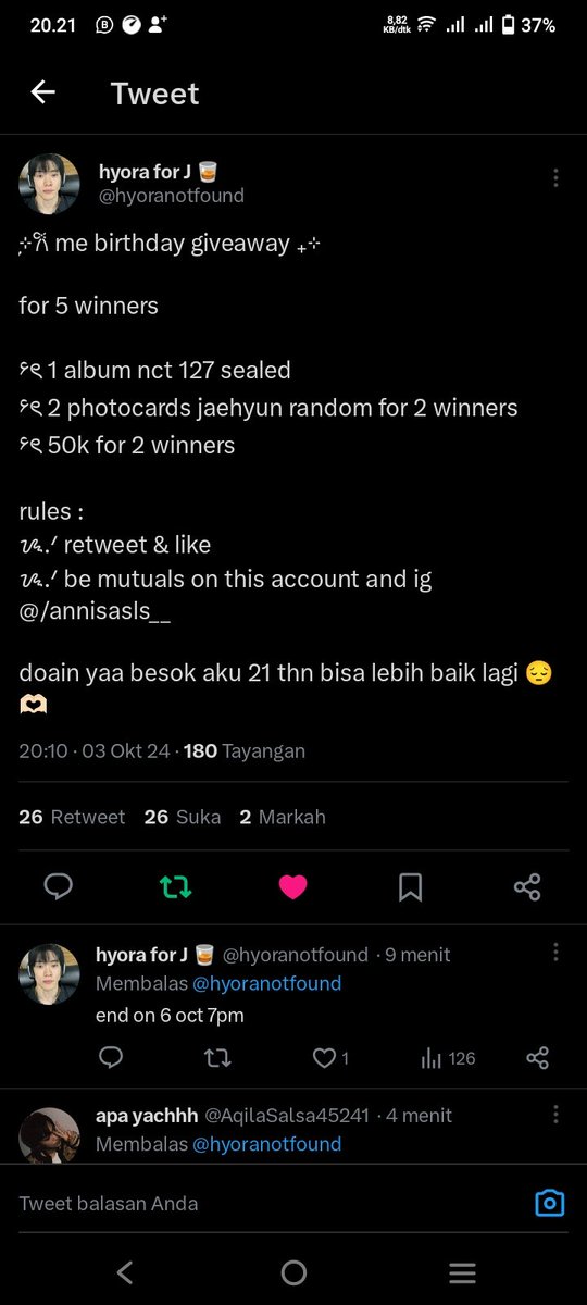 xxyjee's tweet photo. @hyoranotfound done all rules kaa, leggow kita mutualan 🏃anw happy birthday untuk kakanya, semogaa panjang umur, sehat selalu, rejekinya di lancarkan dan paling penting semoga kaka nya bisaa jadi lebih baik dari sebelumnya, terimakasii sudah mengadakan GA ini ka 🫶 https://t.co/OVRbPDJomP