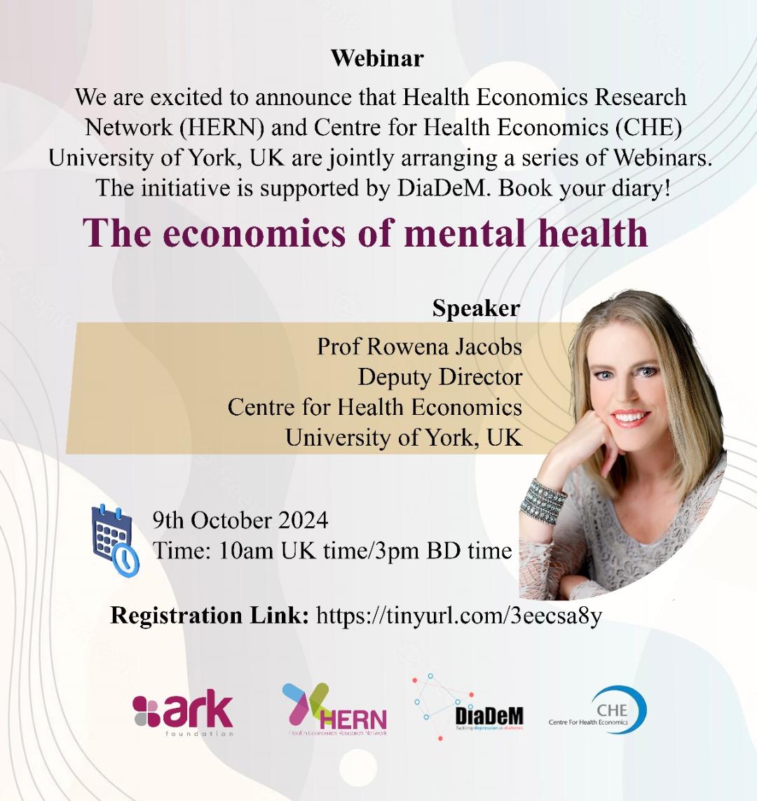 🔊Webinar 

Health Economics Research Network (HERN) and Centre for Health Economics (CHE) are hosting a webinar on the topic 'Economic impacts of mental health problems'

Please click on the link if you would like to register - bit.ly/3XPSWJh