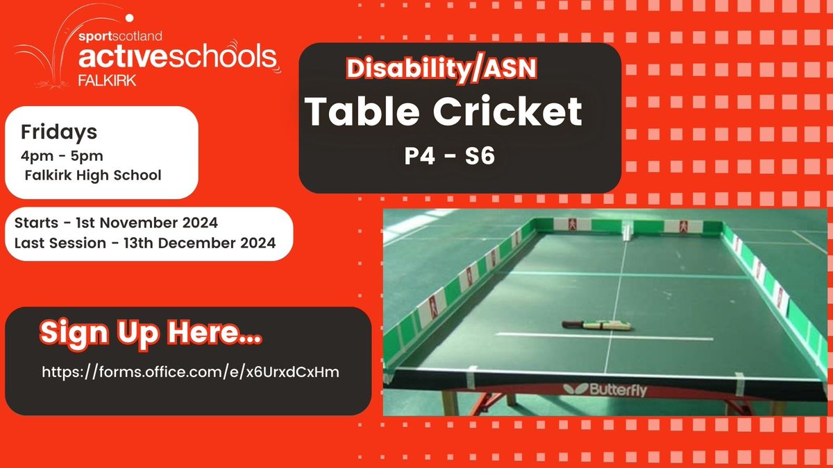 📢ASN/Disability Table and Softball Cricket📢

Come along and have a go trying a new activity!🏏

An adapted version of the game for children with Disabilities/ASN

⏲️4pm - 5pm
📅Friday 1st November
🏦Falkirk High School
📖To book click the link below⬇️
forms.office.com/e/x6UrxdCxHm