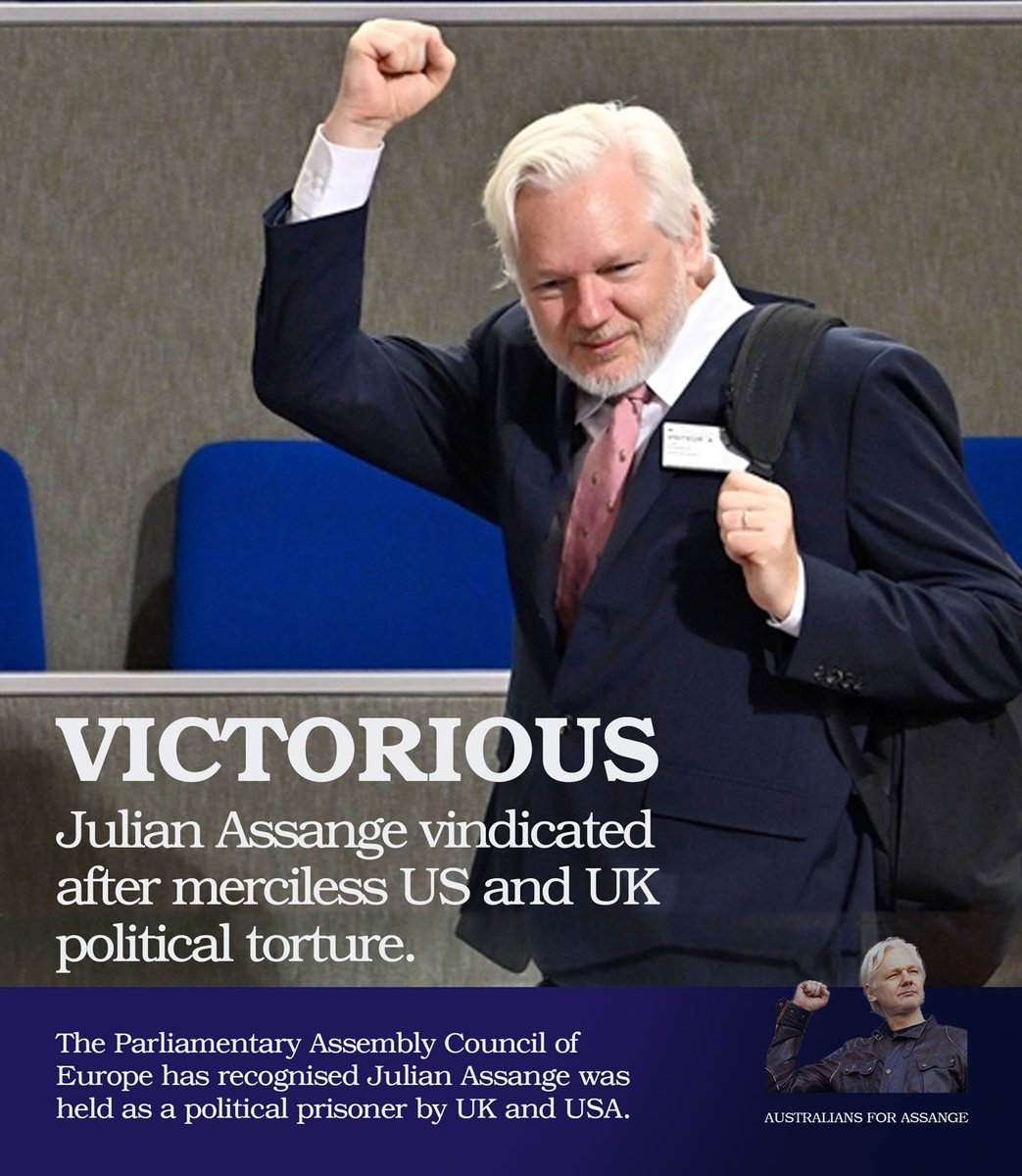 Aus4Assange's tweet photo. Julian Assange has been vindicated after 14 years of inhumane treatment by US and UK. The Parliamentary Assembly of the Council of Europe has recognised him as a political prisoner whilst held in London. https://t.co/ZuNTM5mLfW