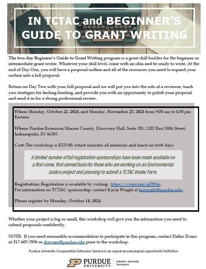 🎙️Attention Marion County- Register for the IN Thriving Communities Technical Assistance Center and Beginner's Guide to Grant Writing 2-day workshop by October 14, 2024. 

Find the #IntakeForm &amp; register here:  tinyurl.com/mr2p5ym3 
tinyurl.com/BGGWEJINTCTAC
