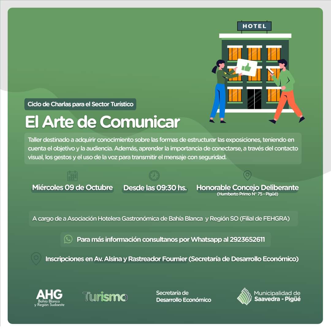 CAPACITACIONES EN LA REGIÓN

El próximo miércoles 09 de Octubre continuamos el Ciclo de Charlas en Pigüé junto a la Dirección de Turismo de Saavedra 

Dictaremos El Arte de Comunicar - Oratoria y estará a cargo de Silvia Corinaldesi

<a href="/fehgra/">FEHGRA</a>