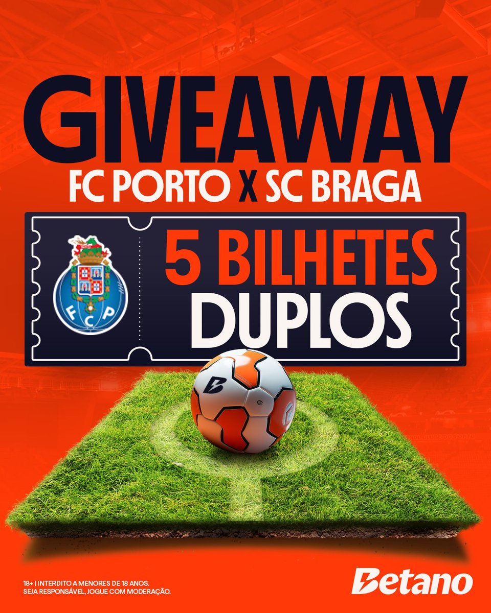 Queres ir ver o @fcporto x SC Braga? Temos 5️⃣ bilhetes duplos! Para ganhares, só tens de:

➡️ Seguir a <a href="/Betano_PT/">Betano Portugal 🔞</a>
➡️ Like, RT e marcar 3 amigos

⚠️ Termina dia 04/10 às 16h00. Anunciamos os vencedores até às 17h00.