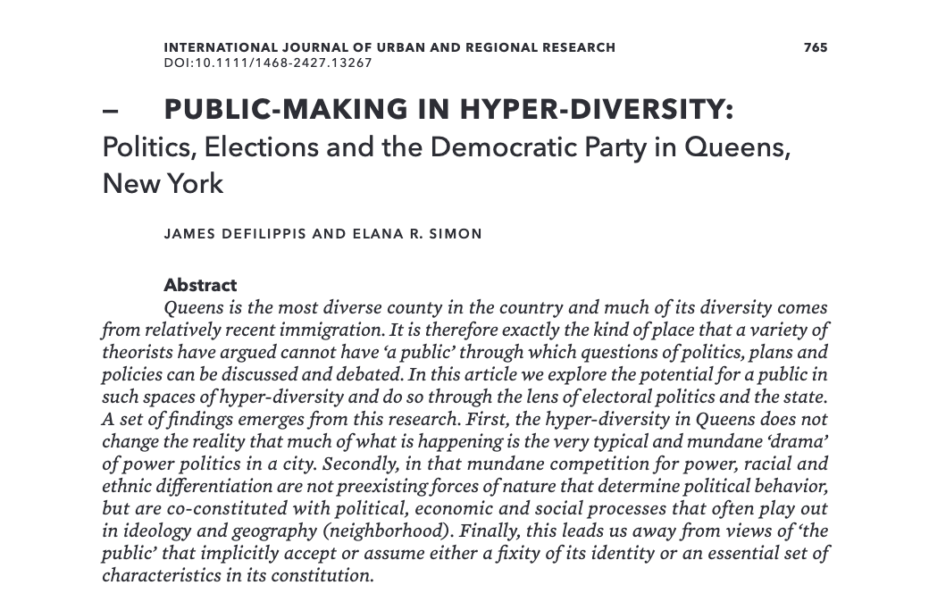IJURResearch's tweet photo. How do you create a political community in the most diverse county in the USA? In this article, James DeFilippis &amp; Elana Simon explore this by looking at electoral politics in Queens, NY https://t.co/v85D7oikb5 https://t.co/qRG4SMtrW7