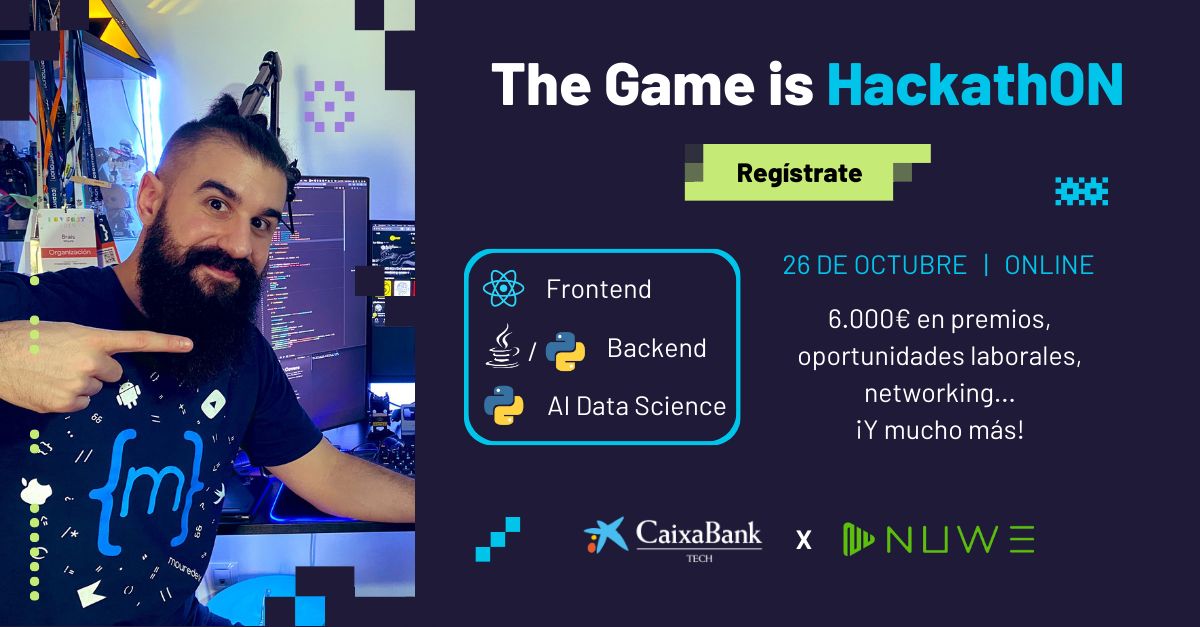 MoureDev's tweet photo. Participa en The Game is HackathON desde @NuweIo, resuelve retos, haz networking y consigue trabajo en CaixaBank Tech!

🌐 100% online
📅 26 y 27 de octubre
🏆 6.000€ en premios
🛠️ Frontend, Backend y AI Data Science

Apúntate gratis → https://t.co/BgXZykNsgl https://t.co/4PgCMTMu8V