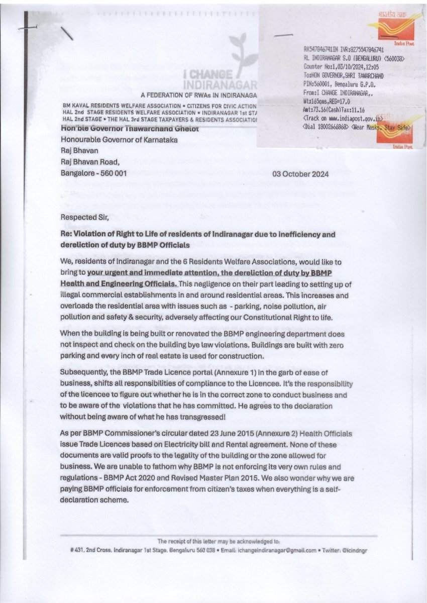 ICIN today wrote to our Hon'ble Governor, Chief Justice of Kar, Chief Minister, Dy CM and Chief Secretary on the dereliction of duty by BBMP officials leading to a breakdown of the city's Standard of living directly impinging on our Constitutional Right to Life (Article 21).