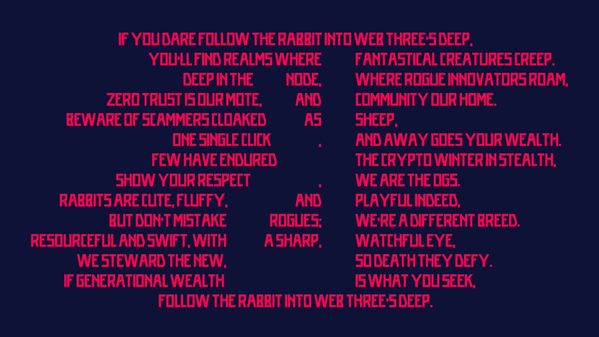 Time to get in the rabbit hole rn

Who’s in? <a href="/RoguesNFT/">Rogues</a>