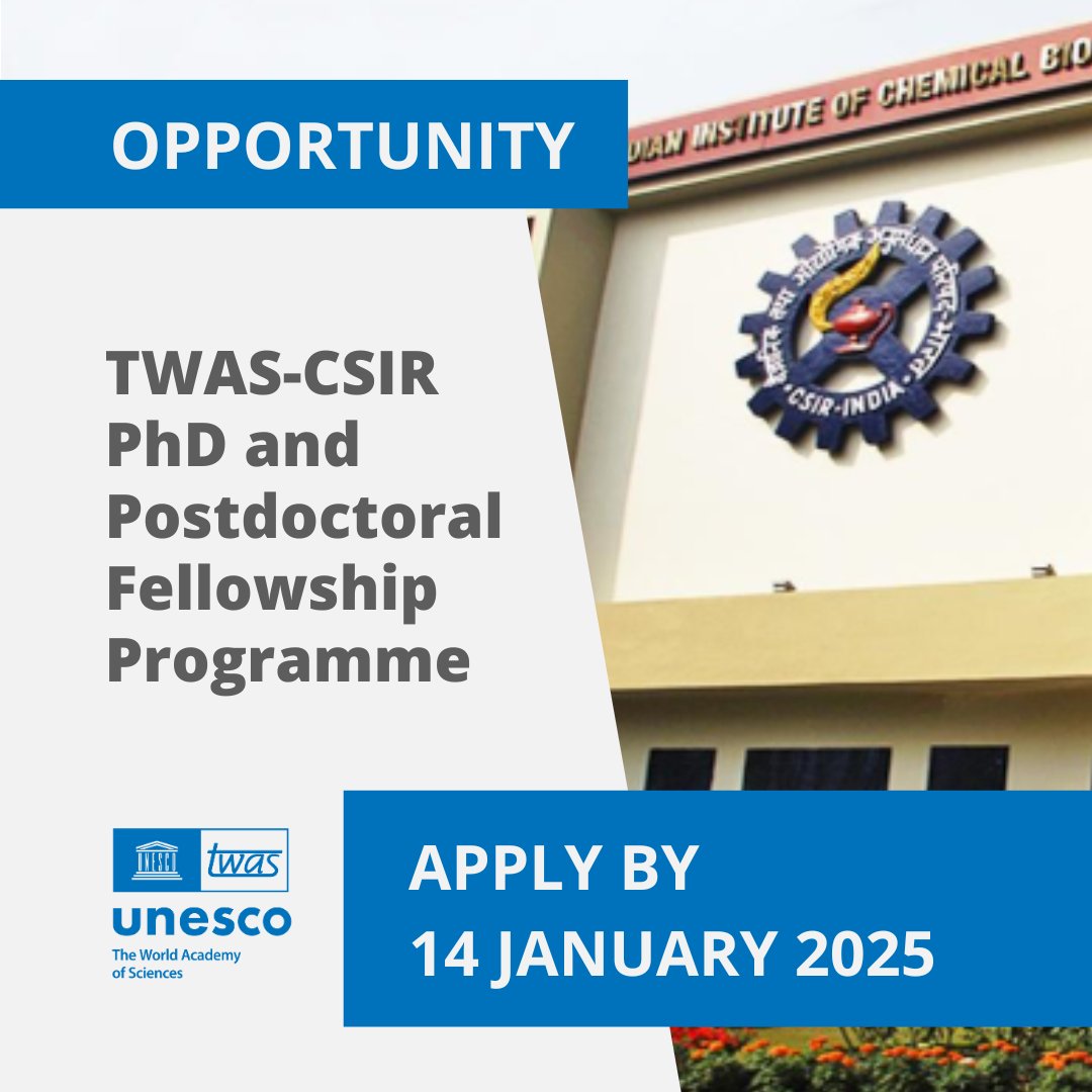 TWAS - The World Academy of Sciences (@twasnews) on Twitter photo 🔬 Please spread the word! Young scientists from developing countries can pursue a #PhD or #postdoc, abroad in India, in emerging S&T. Learn about this fellowship with TWAS and <a href="/CSIR_IND/">CSIR, India</a>:
- PhD: twas.org/opportunity/tw…
- Postdocs: twas.org/opportunity/tw… 🔬 Please spread the word! Young scientists from developing countries can pursue a #PhD or #postdoc, abroad in India, in emerging S&T. Learn about this fellowship with TWAS and <a href="/CSIR_IND/">CSIR, India</a>:
- PhD: twas.org/opportunity/tw…
- Postdocs: twas.org/opportunity/tw…