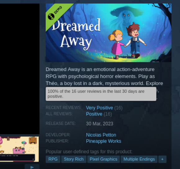 😭😭❤️

Last week we put the demo on its own #Steam store page and we got 100% positive reviews to far🙏🙏

THANK YOU!

#indiegame #indiedev