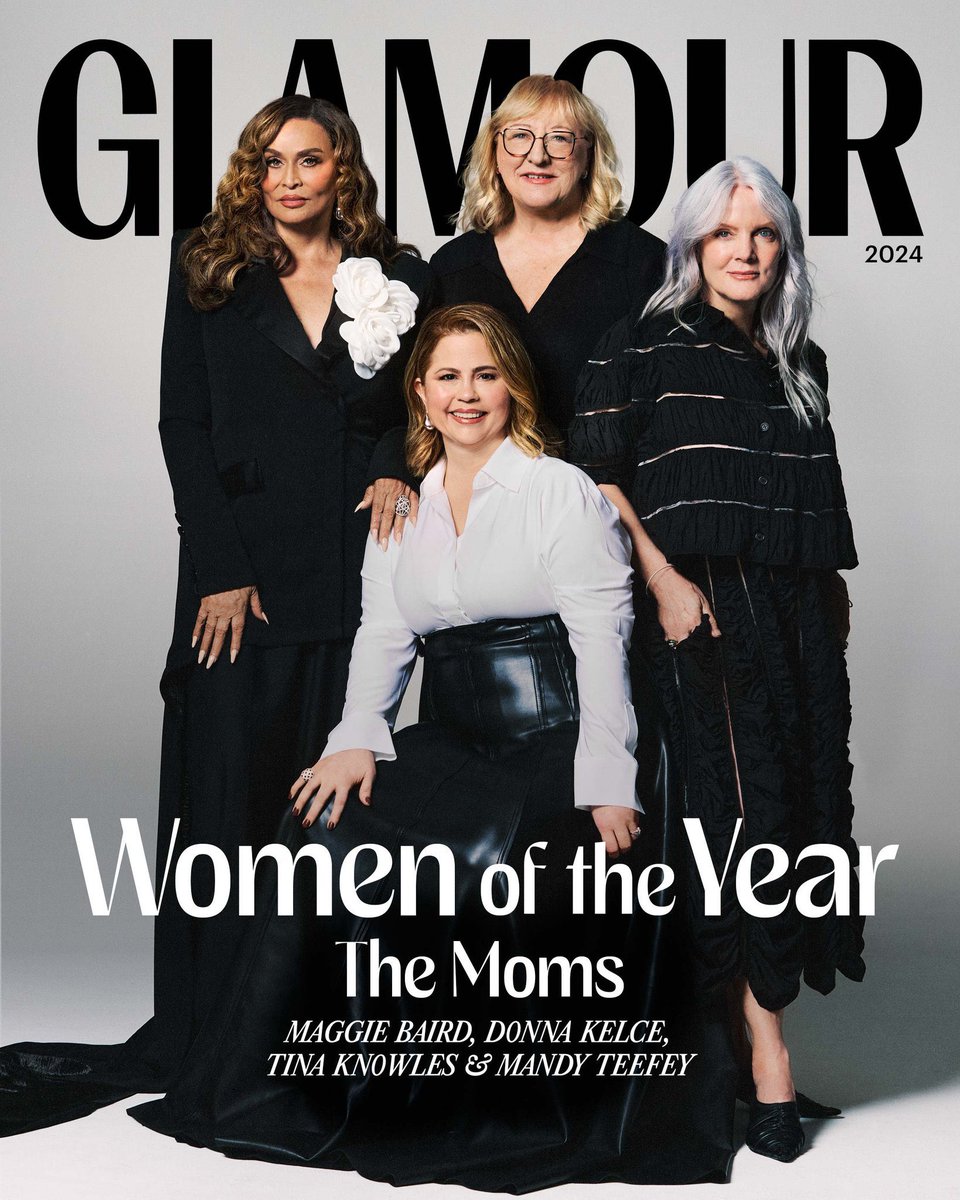 PopBase's tweet photo. Tina Knowles, Donna Kelce, Maggie Baird and Mandy Teefey on the cover of Glamour together. 

Mothers of Beyoncé, Travis &amp; Jason Kelce, Billie Eilish and Selena Gomez. https://t.co/EaMtQqBPDm