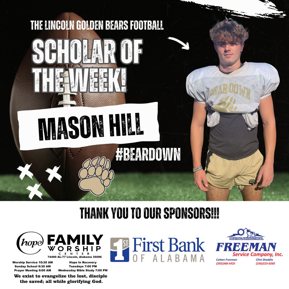 Congratulations to this week's Scholar of the Week: Mason Hill !Mason goes above and beyond taking four college classes!

#BearDown #Discipline #Change