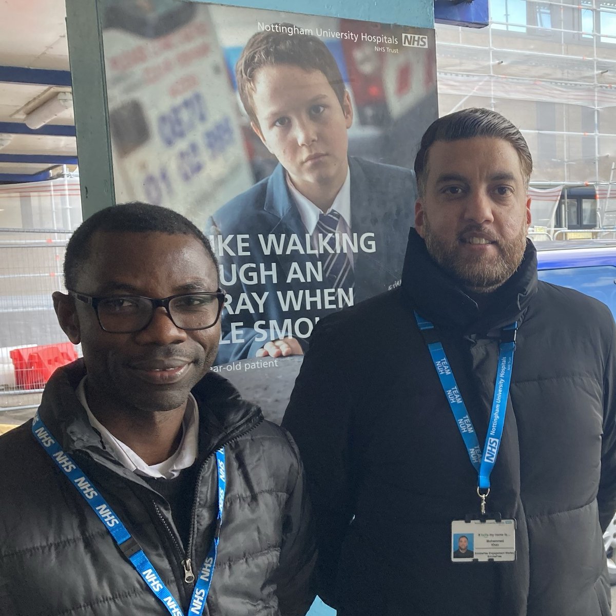 This year’s #Stoptober coincides with the first patrols of hospital sites by our new Smokefree engagement workers. Despite the Trust being Smokefree since 2006, smoking continues to be a problem and regularly draws complaints from staff and visitors.
Akin Afolabi and Mohammed