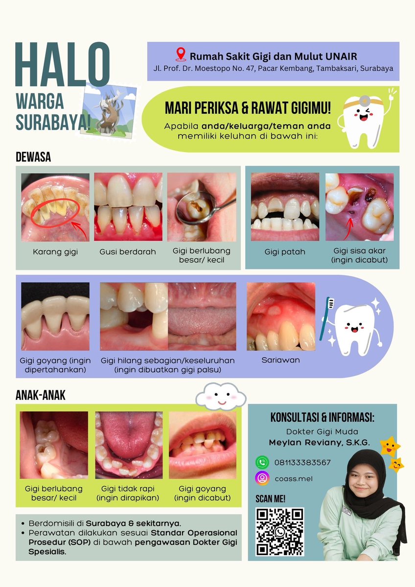 Halo teman-teman, saya Meylan Reviany, koas gigi surabaya. Bagi teman-teman yang mau cabut/tambal gigi atau permasalahan gigi dan mulut lainnya boleh menghubungi saya melalui wa ya! *tanpa biaya*