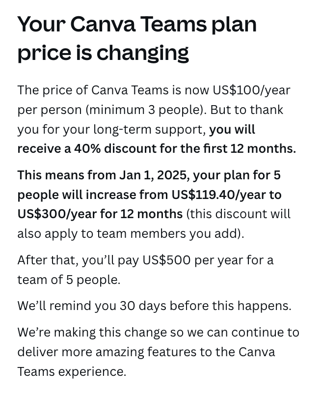 Kedz's tweet photo. Someone explain to me how the leaders at @canva feel they can justify increasing their fees from $120 to $500 annually.  That's over THREE HUNDRED percent. 

Robbery. Crooked. Corrupt.

Maybe you should have spent less money on that embarrassing conference presentation. https://t.co/kvJET4oryP