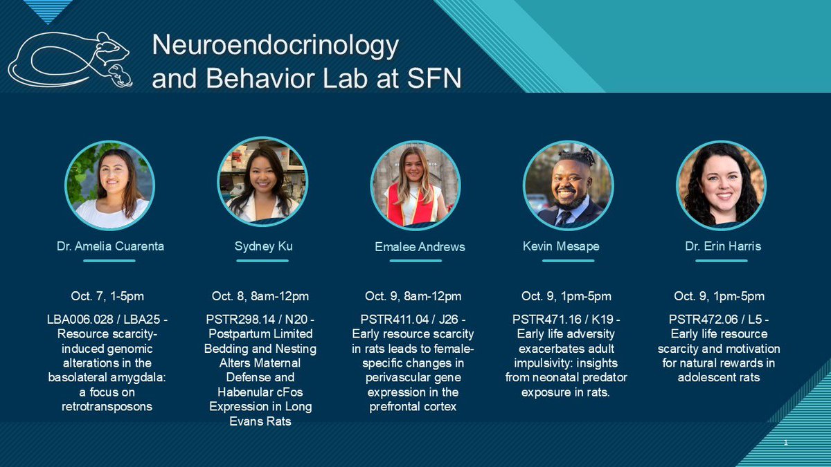 Dr. Debra Bangasser (@bangasser_lab) on Twitter photo The Neuroendocrinology and Behavior Lab is excited for #SfN24! Please check out our posters on stress effects across the lifespan.
Also, if you're interested in joining the lab or going to grad school at <a href="/GSUBnB/">GSU Brains & Behavior</a> , please stop by our grad booth 69 (I'll be there on Tuesday). The Neuroendocrinology and Behavior Lab is excited for #SfN24! Please check out our posters on stress effects across the lifespan.
Also, if you're interested in joining the lab or going to grad school at <a href="/GSUBnB/">GSU Brains & Behavior</a> , please stop by our grad booth 69 (I'll be there on Tuesday).