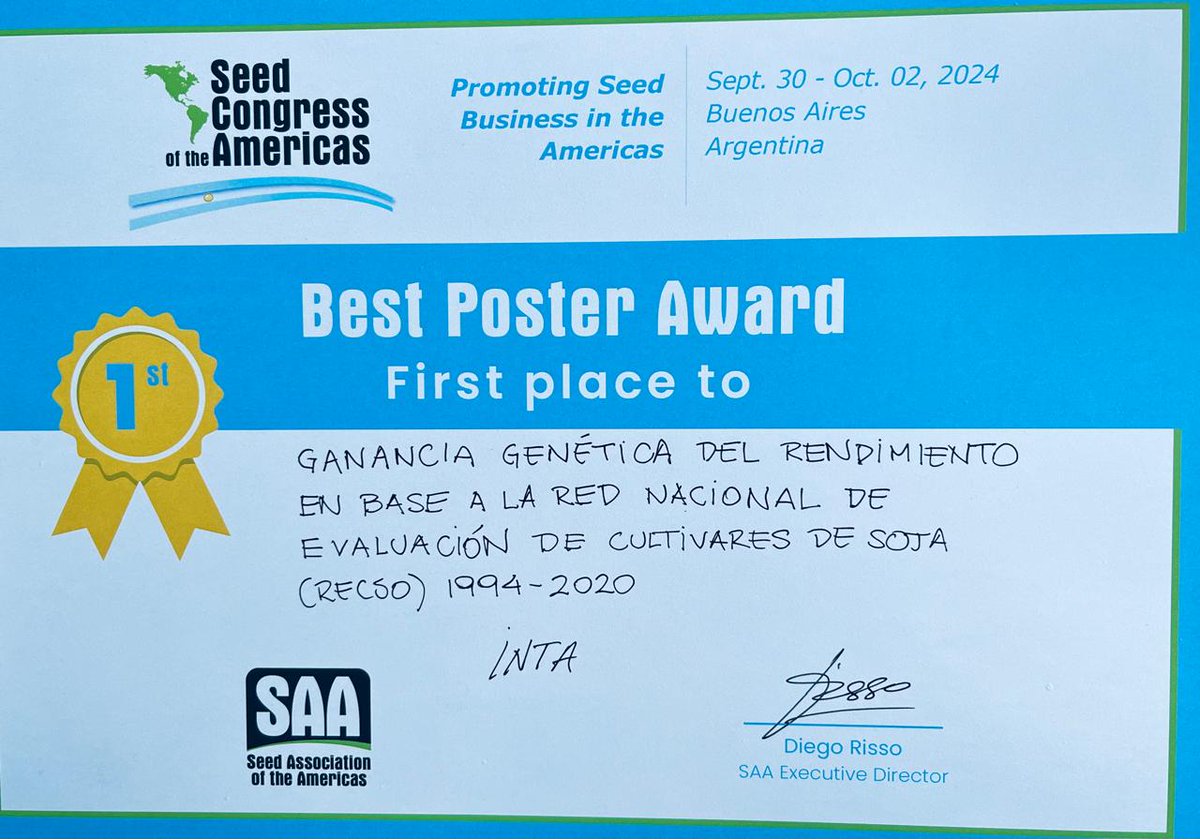 #AHORA | #INTA premiado en el Congreso de Semillas de las Américas 🫛🏅

<a href="/MurgioMarcos/">Marcos Murgio</a>, de <a href="/IntaManfredi/">INTA Manfredi</a> y <a href="/c_vissani/">cristianvissani</a> y Belén Conde, de <a href="/INTAMsJuarez/">INTA Marcos Juárez</a>, fueron premiados al "mejor póster científico" por el trabajo "Ganancia genética del rendimiento en base a la RECSO 1994-2020"
