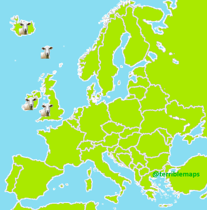 TerribleMaps's tweet image. Places in Europe where sheep outnumber humans