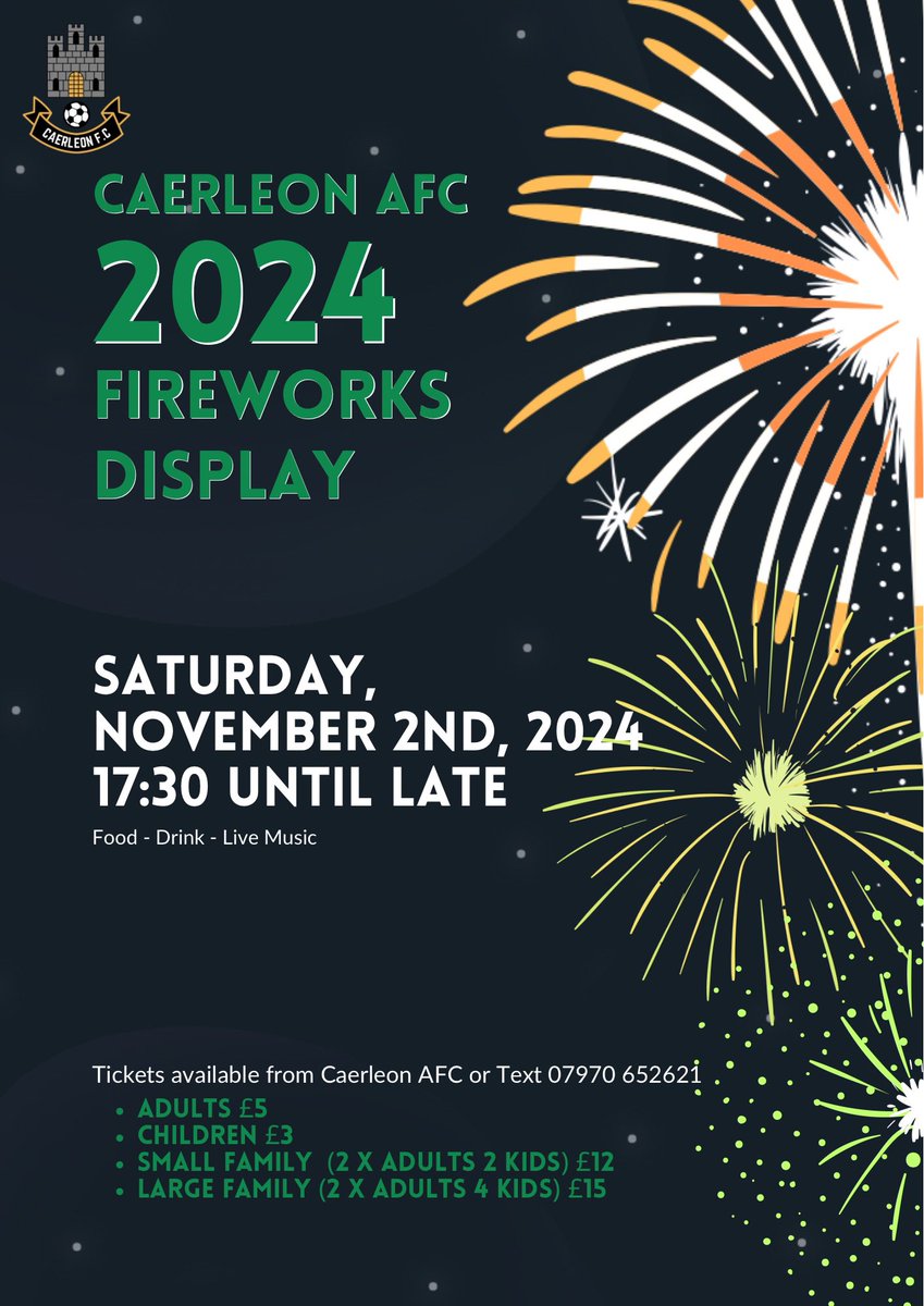 CaerleonAFCclub's tweet photo. Less than a month to go until the 2024 annual Caerleon AFC Fireworks Display 🧨 💥 🚀 

Details below ⬇️⬇️⬇️ https://t.co/AJOEHha5vj