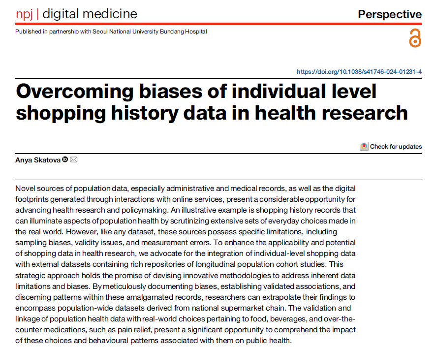 npj Digital Medicine (@npjdigitalmed) on Twitter photo In this interesting perspective, <a href="/anya_skatova/">anya skatova</a> describes how shopping history could offer valuable insights for health research by revealing patterns in real-world choices.
"By leveraging shopping data with ethical rigor and integrating it with other health-related information, In this interesting perspective, <a href="/anya_skatova/">anya skatova</a> describes how shopping history could offer valuable insights for health research by revealing patterns in real-world choices.
"By leveraging shopping data with ethical rigor and integrating it with other health-related information,