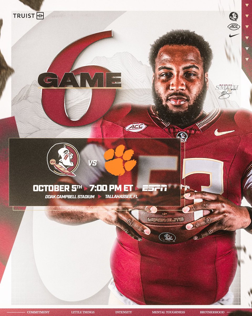 The CLIMB continues in prime time at home

🗓️: Saturday
⌚️: 7pm ET
📍: Tallahassee
🏟️: Doak Campbell Stadium
📺: ESPN
📻: noles.co/FSURadio

#NoleFamily | #KeepCLIMBing