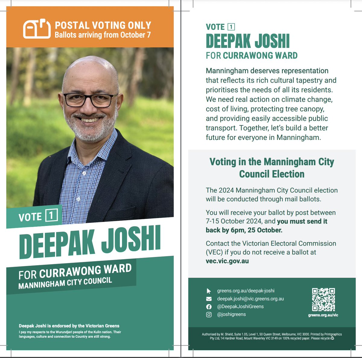 JoshiGreens's tweet photo. The 2024 @ManninghamCC election will be conducted through mail ballots.

You will receive your ballot by post between 7-15 October 2024, and you must send it back by 6pm, 25 October.

Contact VEC if not received

#VoteForChange
#PeopleB4Profit
#CurrawongWard https://t.co/XD0XQc2yMR