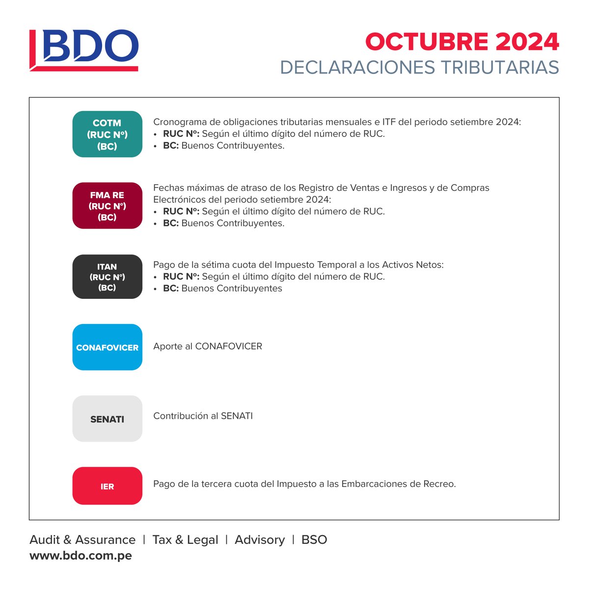 BDO_Peru's tweet photo. Conoce las fechas más relevantes en materia tributaria a tener en cuenta para el mes de octubre.

#BDOPeru #impuestos #tributación #legal #2024 https://t.co/ZlqP8u3y9W