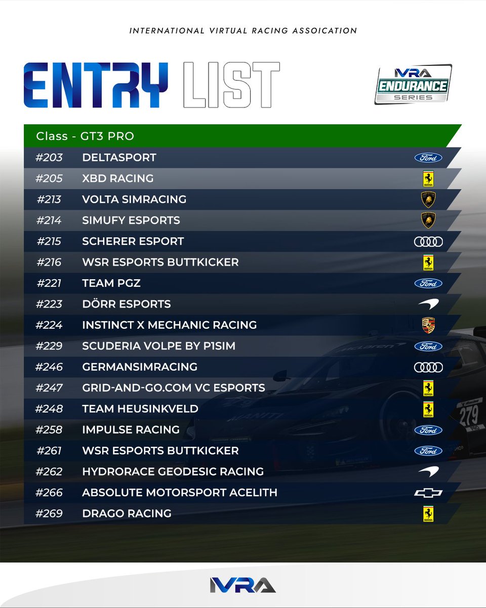 IVRALeague's tweet photo. The IVRA Endurance Series 2024-25 Entry List is here!
After many hours of ironing things out, we can confirm the teams for the championship this season.
#IVRA #ENDURANCE https://t.co/aBAe263qHM