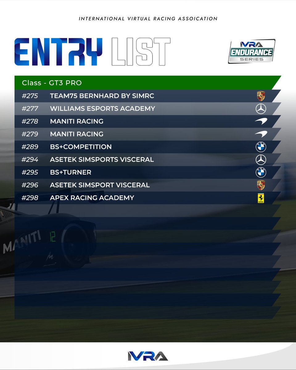 IVRALeague's tweet photo. The IVRA Endurance Series 2024-25 Entry List is here!
After many hours of ironing things out, we can confirm the teams for the championship this season.
#IVRA #ENDURANCE https://t.co/aBAe263qHM