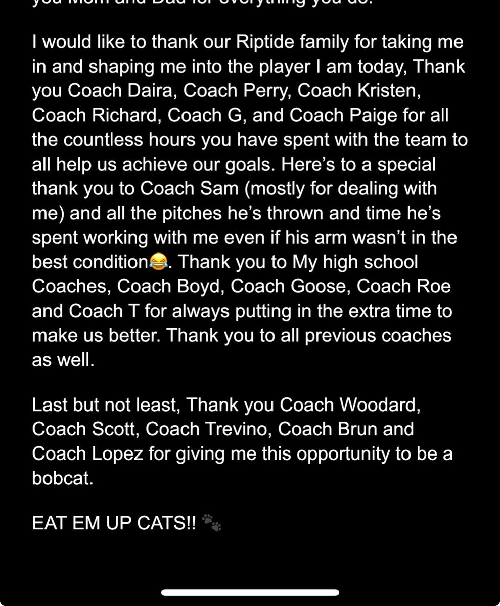 SO EXCITED TO BE A BOBCAT!!!! Thank you to all coaching staff at Texas State for this amazing opportunity!! EAT EM UP!🐾🤍<a href="/Rw15Woodard/">Ricci Woodard</a> <a href="/ScottWoodard8/">Scott Woodard</a> <a href="/TXStateSoftball/">Texas State Softball</a> <a href="/CoachTrevTXST/">Joshua Trevino</a> <a href="/coachbrun/">coach.brun</a> <a href="/TxRiptide07/">TEXAS RIPTIDE</a> <a href="/SamCamp50/">Sam Campbell</a> <a href="/CujoTheBeast17/">Kristen Cuyos</a>