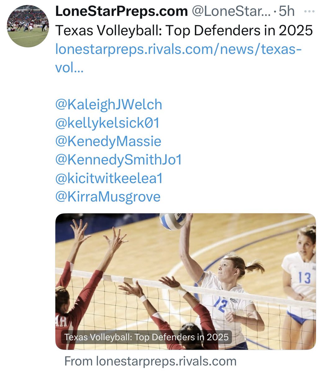 Kaleigh Welch (@kaleighjwelch) on Twitter photo Thank you <a href="/LoneStarPrepsTX/">LoneStarPreps.com</a> for the recognition as a Top 2025 Defender in Texas!
<a href="/PDTexas/">Prep Dig Texas</a> <a href="/PrepDig/">Prep Dig 🏐</a> @coachmikedz <a href="/_coachchey/">_coachchey</a> @prepdigbecky <a href="/grtorres/">Guilherme Torres</a> Thank you <a href="/LoneStarPrepsTX/">LoneStarPreps.com</a> for the recognition as a Top 2025 Defender in Texas!
<a href="/PDTexas/">Prep Dig Texas</a> <a href="/PrepDig/">Prep Dig 🏐</a> @coachmikedz <a href="/_coachchey/">_coachchey</a> @prepdigbecky <a href="/grtorres/">Guilherme Torres</a>