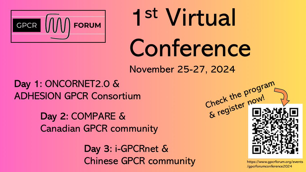 Hey #GPCR enthusiasts!  Have you already checked out the preliminary program for the 1st virtual #GPCRforum conference? 🤩  Six #GPCR networks will present their exciting research! 🧪🔬💊🧫 Check out the programm &amp; register now! 👉 gpcrforum.org/events/gpcrfor…