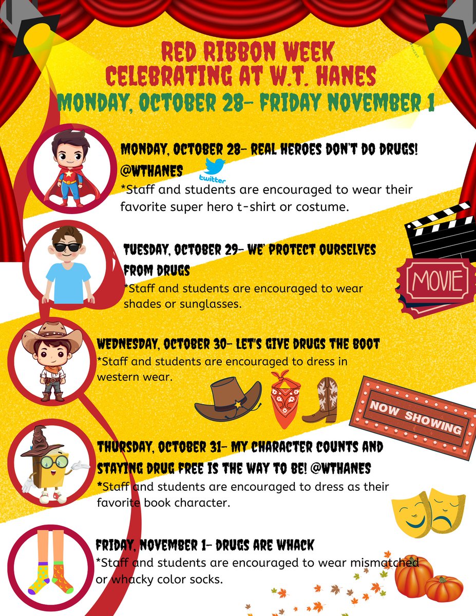 We are excited to celebrate Red Ribbon Week throughout October! We encourage everyone to join in and participate in the fun dress-up themes.