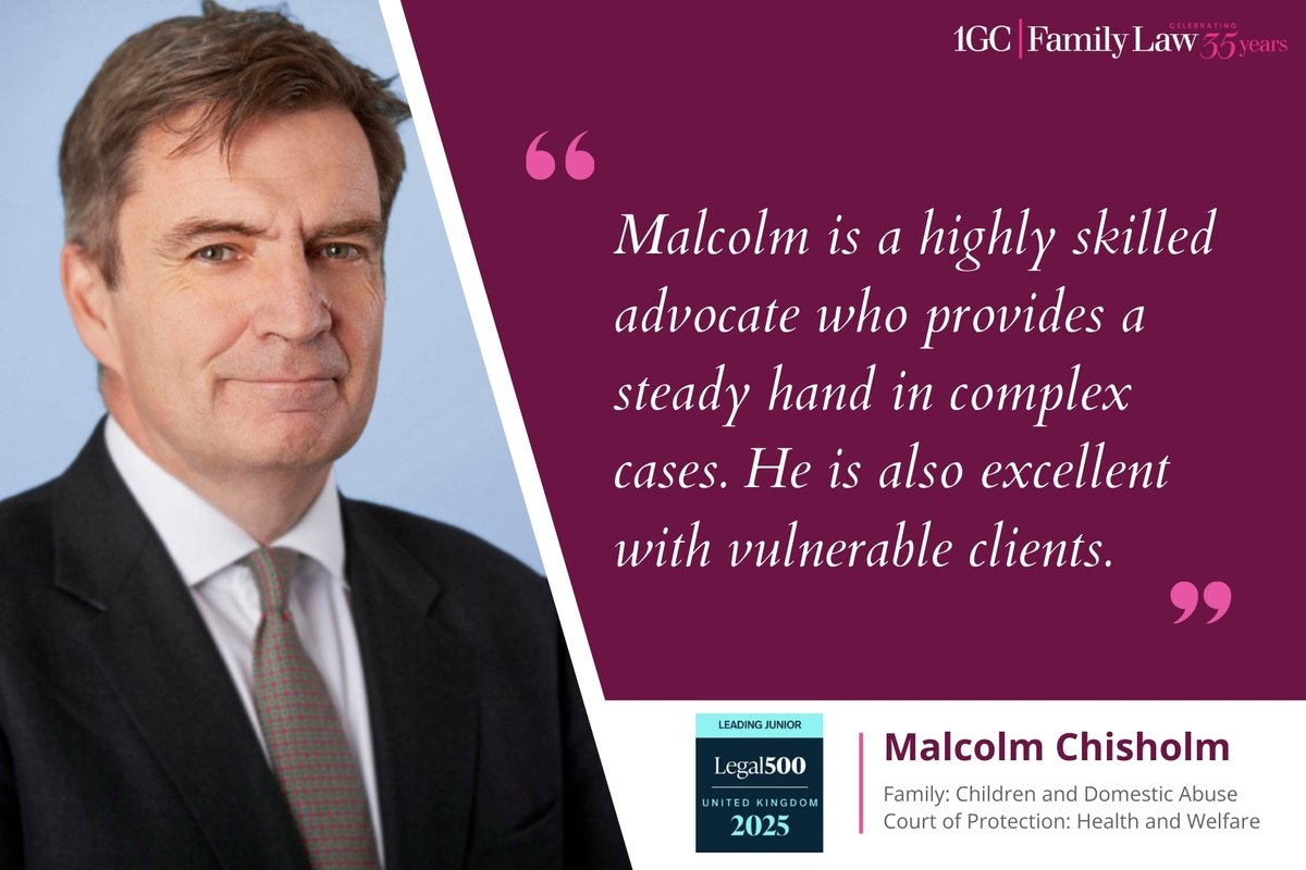 Congratulations to Malcolm Chisholm ranked as a Leading Junior in the 2025 edition of the Legal 500 for Family: Children and Domestic Abuse, as well as Court of Protection: Health and Welfare.

1gc.com/barristers/pro…