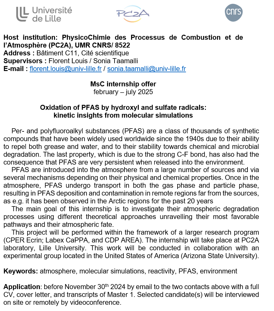 Florent LOUIS (@florentlouis59) on Twitter photo MSc internship offer #atmoschem #compchem #PFAS
@PC2A_umr8522 <a href="/RechercheUlille/">Recherche - Université de Lille</a> <a href="/CNRS_HdF/">CNRS Hauts-de-France</a>
<a href="/ED_SMRE/">Ecole Graduée SMRE</a> <a href="/labexcappa/">Labex CaPPA</a> <a href="/CperEcrin/">ÉCRIN : Environnement Climat Recherche&Innovation</a>
<a href="/LatinXChem/">LatinXChem</a> <a href="/CIC_ChemInst/">Chemical Institute of Canada</a> <a href="/SCF/">Senate Conservatives</a> <a href="/RJ_SCF/">RJ-SCF</a>
<a href="/ASU/">Arizona State University</a> MSc internship offer #atmoschem #compchem #PFAS
@PC2A_umr8522 <a href="/RechercheUlille/">Recherche - Université de Lille</a> <a href="/CNRS_HdF/">CNRS Hauts-de-France</a>
<a href="/ED_SMRE/">Ecole Graduée SMRE</a> <a href="/labexcappa/">Labex CaPPA</a> <a href="/CperEcrin/">ÉCRIN : Environnement Climat Recherche&Innovation</a>
<a href="/LatinXChem/">LatinXChem</a> <a href="/CIC_ChemInst/">Chemical Institute of Canada</a> <a href="/SCF/">Senate Conservatives</a> <a href="/RJ_SCF/">RJ-SCF</a>
<a href="/ASU/">Arizona State University</a>