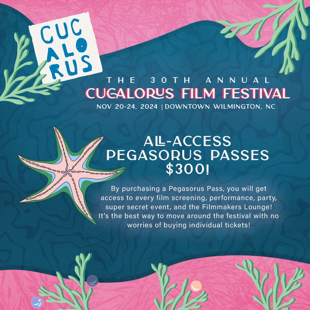 We're less than 50 days away from the 30th annual Cucalorus Film Festival. 📽️

The all-access Pegasorus pass gains you access to all screenings, parties, and events.   

Get yours before they sell out!➡️ cucalorus.eventive.org/passes/buy
