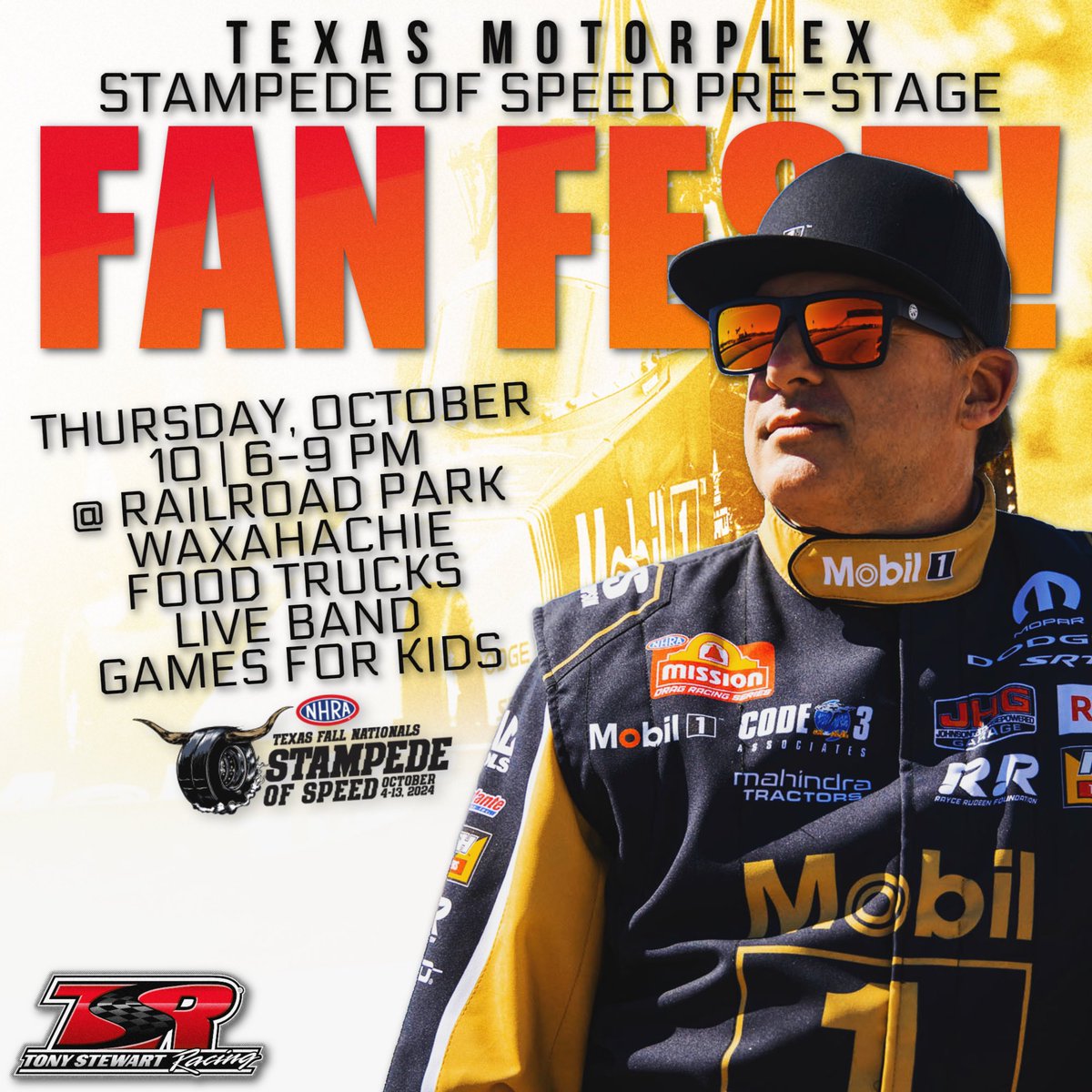 TonyStewart's tweet image. See everyone at #FallNats Fan Fest a week from today 😎 @MattHagan_FC and I will be signing autographs from 7-9pm and catch @AndyRossRebel performing. 
Get your tickets for the whole week at stampedeofspeed.com 

#TSRnitro | #NHRA | #StampedeofSpeed | @mobil1racing | @Mobil1