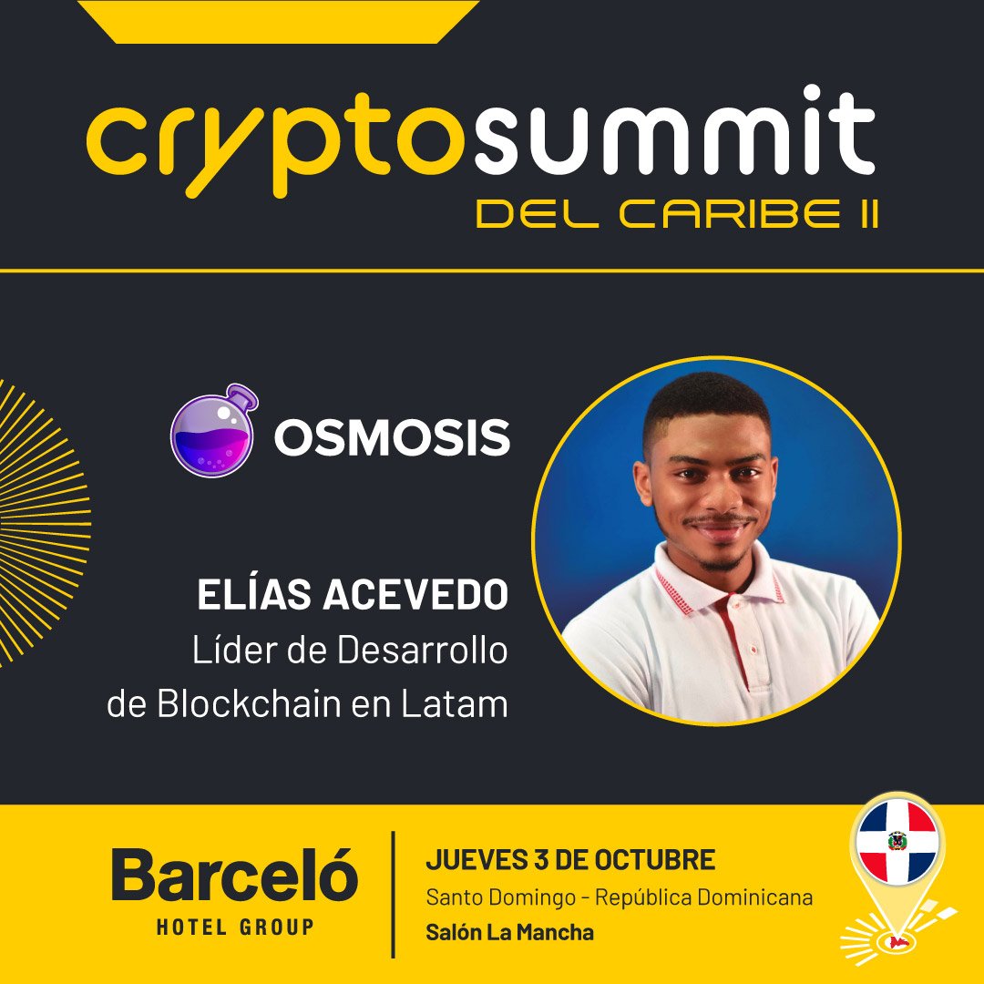 ¡Este día tan esperado por fin está aquí! 🧪 

Nos encontramos hoy en el Crypto Summit del Caribe II. Prepárate para descubrir todo sobre <a href="/osmosis/"></a> con <a href="/cry_newbie/">CryNewbie | BlockchainRD | POC</a> a las 2:00 PM y asegúrate de visitar nuestro stand para seguir aprendiendo más sobre este increíble ecosistema.